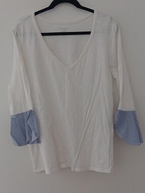 Lane Bryant White V-Neck Top with Blue Striped Bell Cuffs #3766